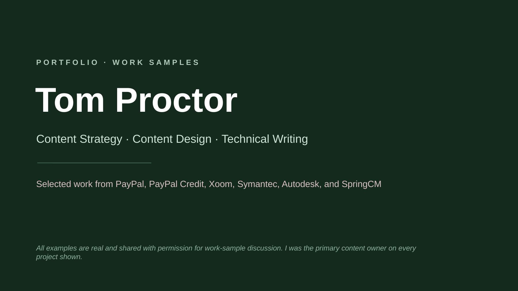 Tom Proctor PayPal and Symantec portfolio deck, slide 1 of 18